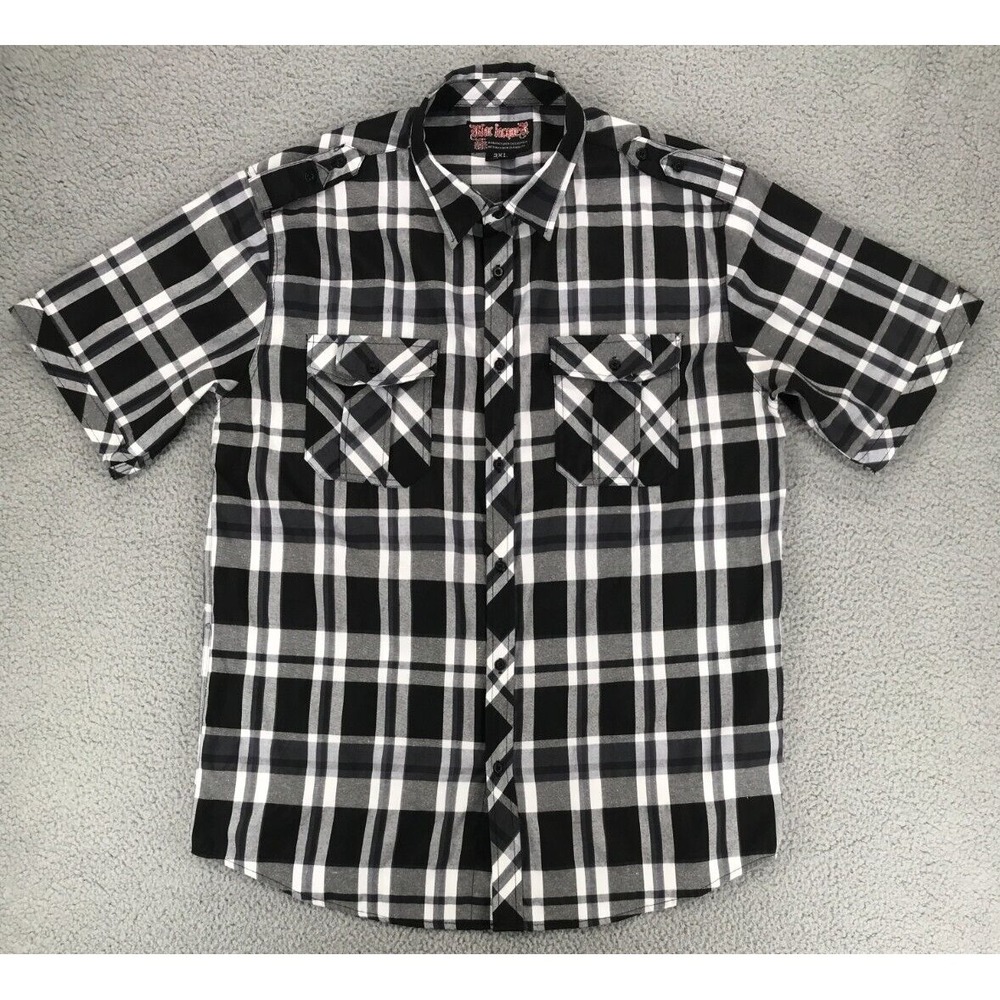 Blac Lacquer Shirt Men Size 3XL Short Sleeve Button Up Black White Plaid